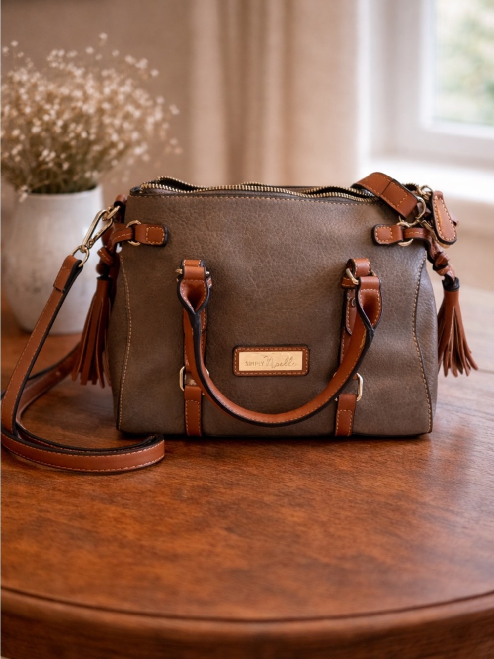 Simply Noelle Taupe Satchel with Brown Trim